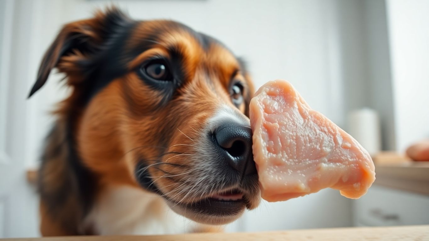 Dog looking at a piece of raw chicken.