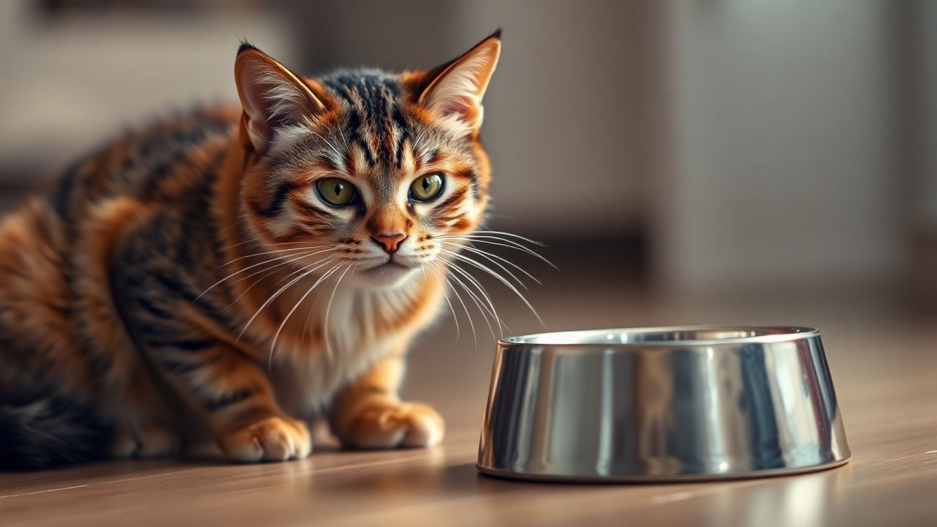 A hungry cat next to an empty food bowl.