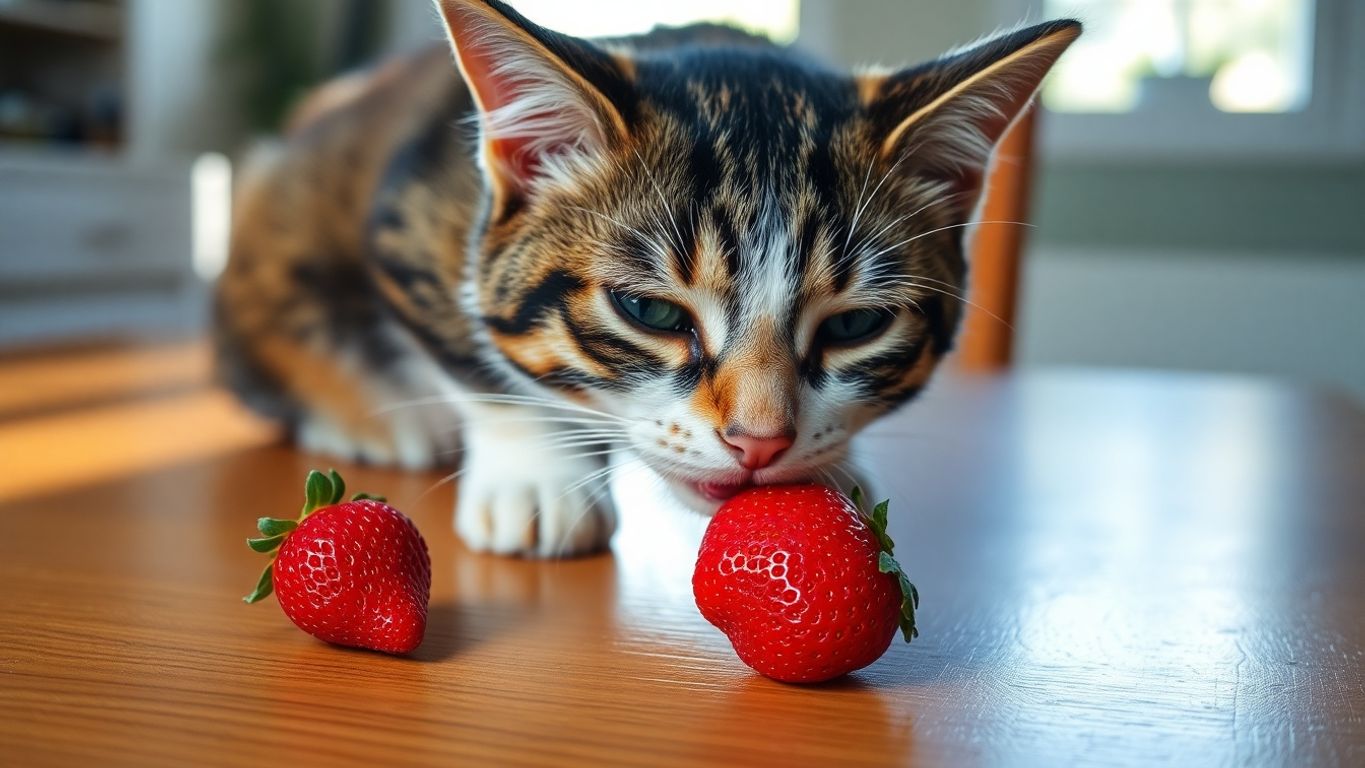 A cat exploring a strawberry on a wooden surface.