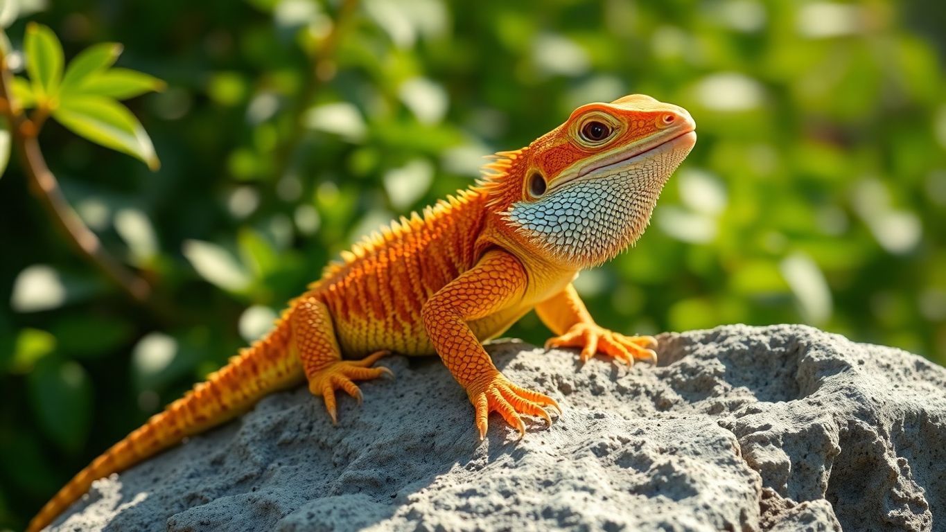 Colorful bearded dragon on a rock with greenery.