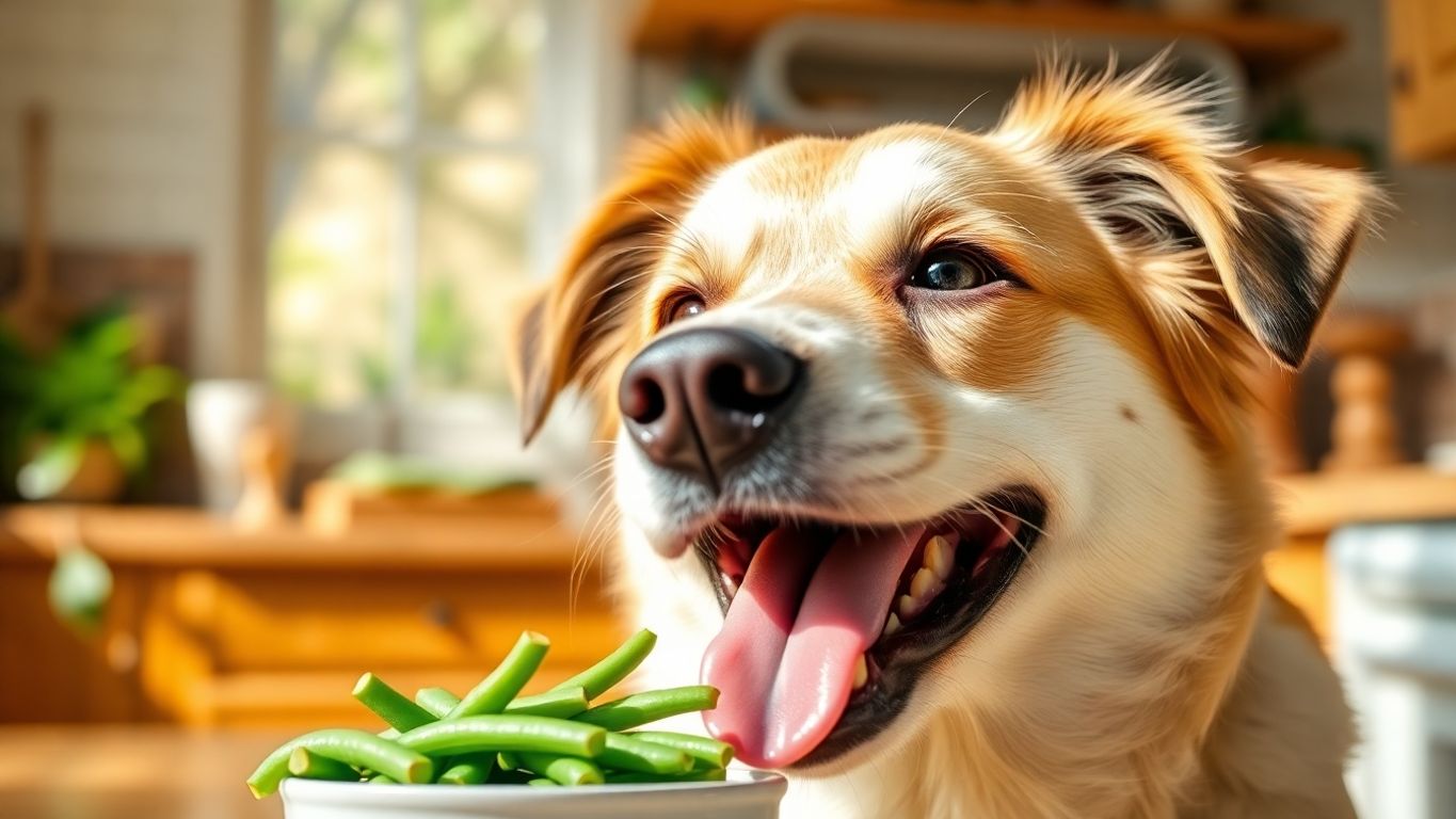 Dog enjoying fresh green beans in a sunny kitchen.