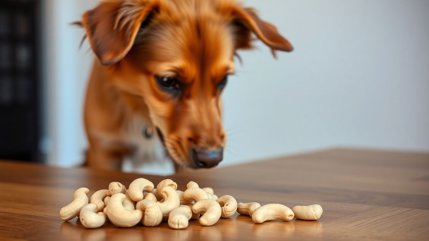 Dog sniffing cashews on a wooden table.
