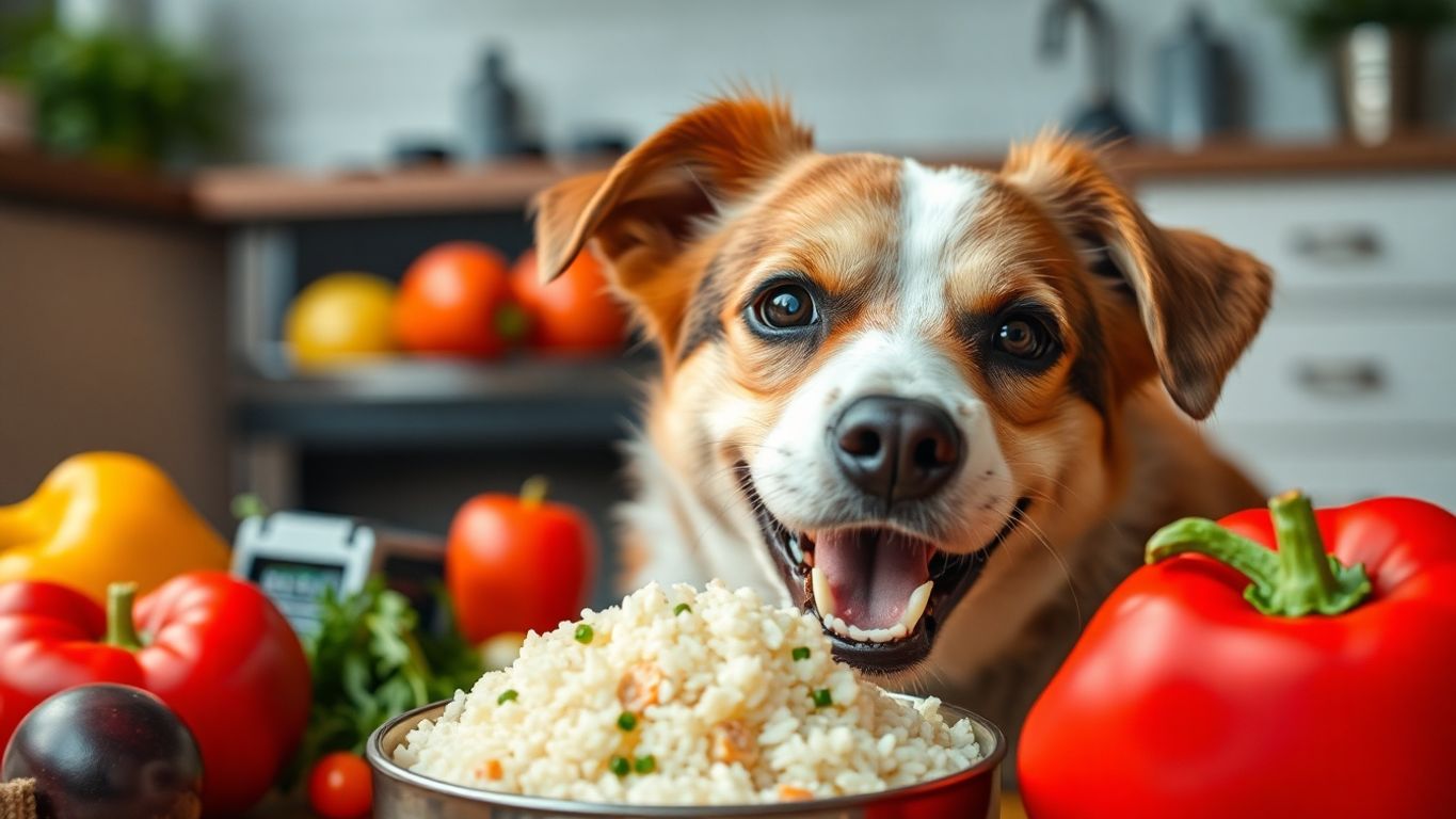 Dog happily eating rice from a bowl in a kitchen.