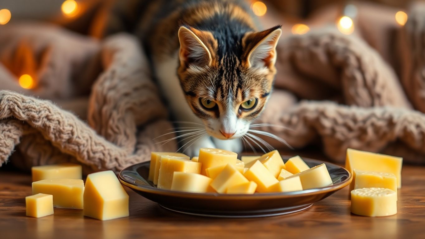 A cat looking at a plate of cheese.