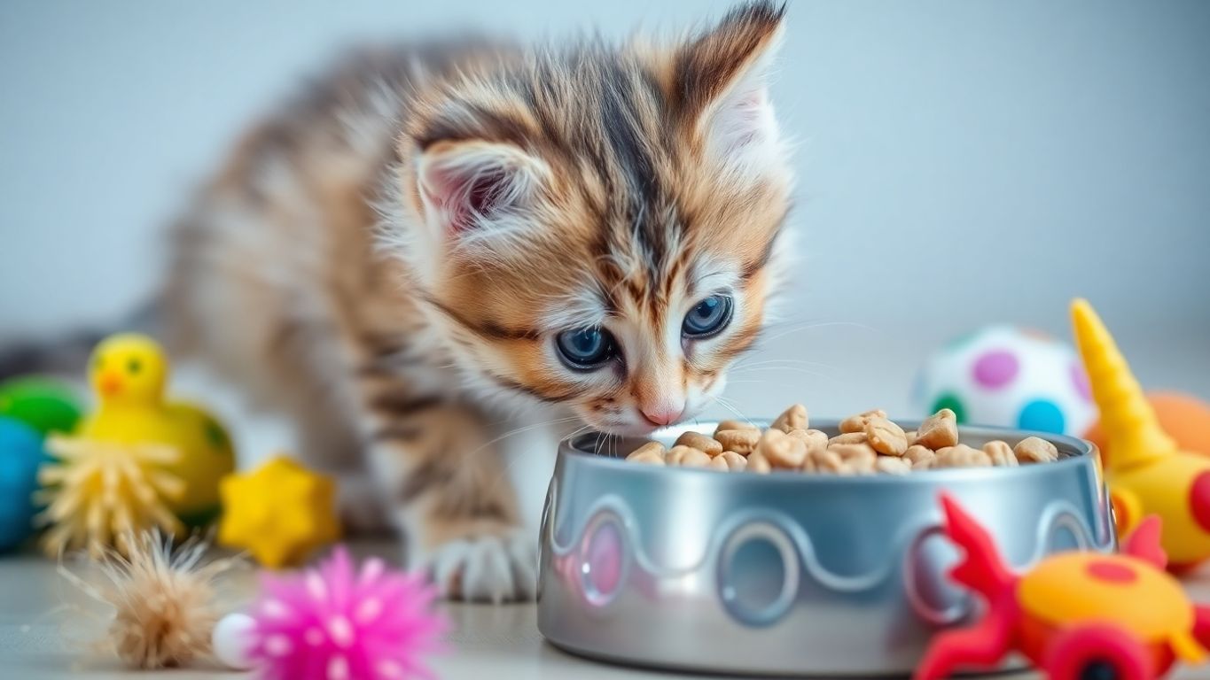 Curious kitten near a bowl of adult cat food.