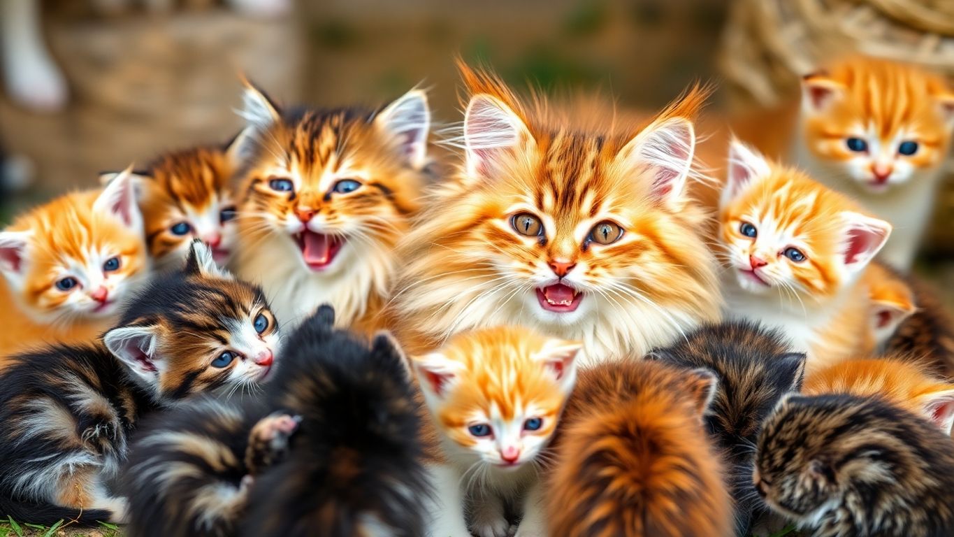 Mother cat with playful kittens in a cozy setting.