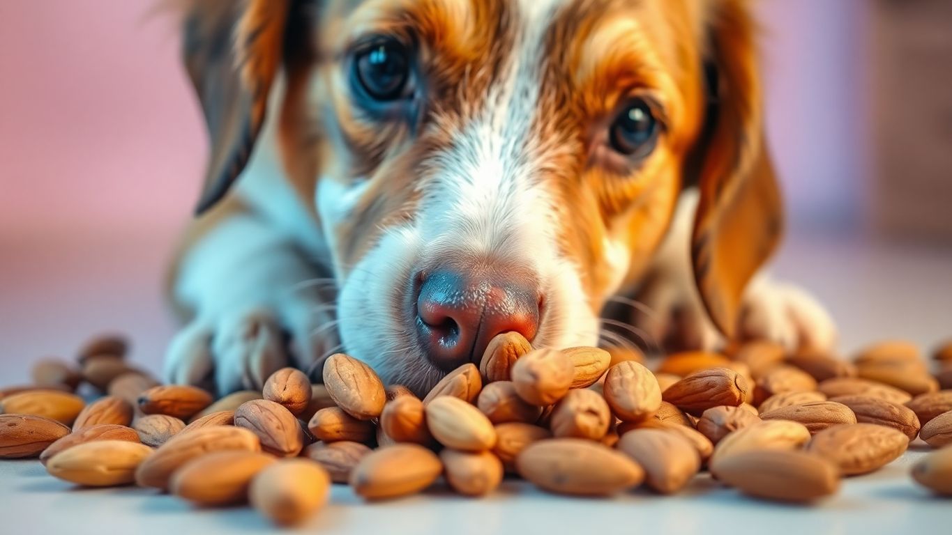 Dog sniffing almonds on a blurred background.