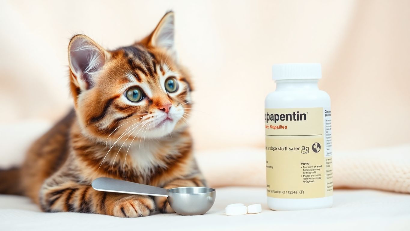 A cat sitting beside gabapentin and a measuring spoon.
