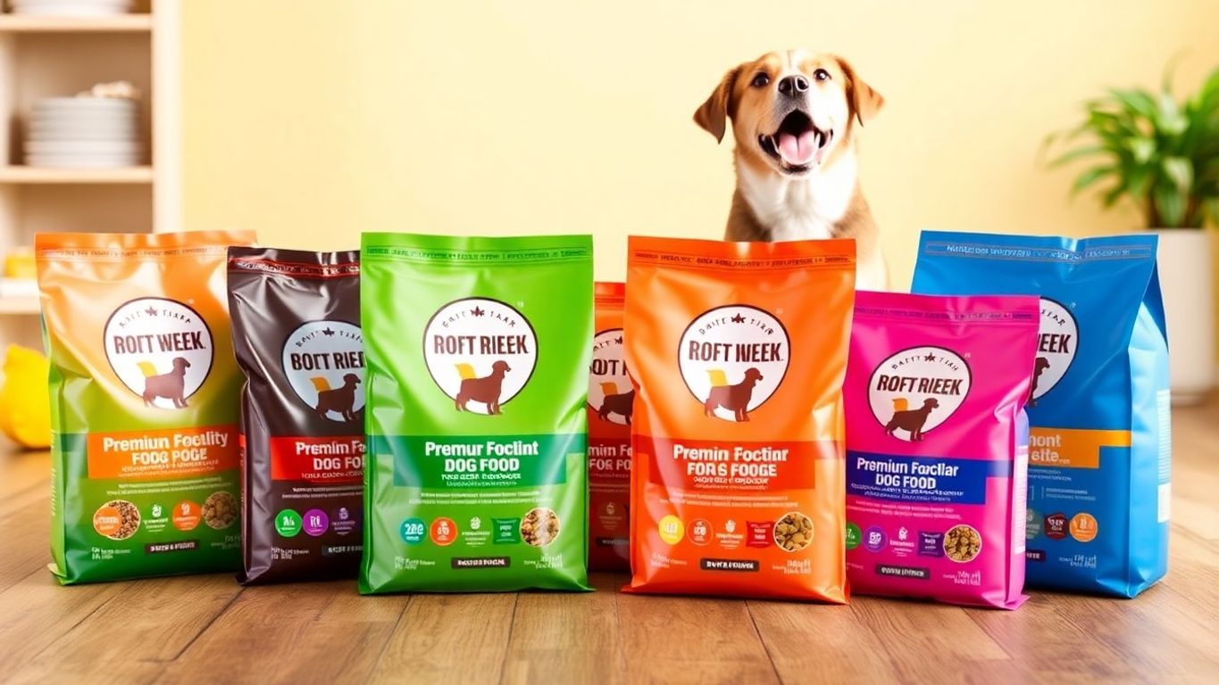 Colorful dog food bags with a playful puppy nearby.