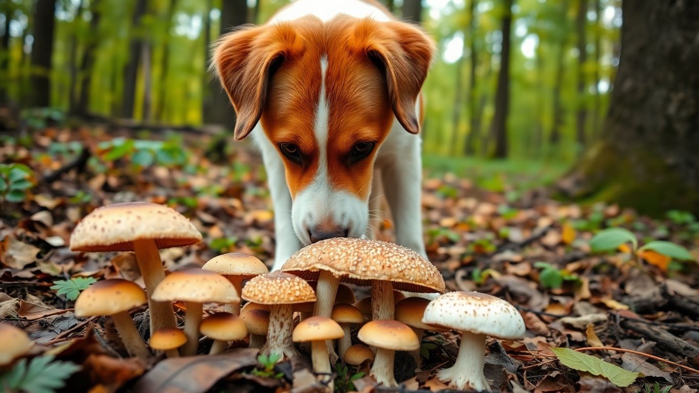 Dog sniffing mushrooms in a lush green forest.
