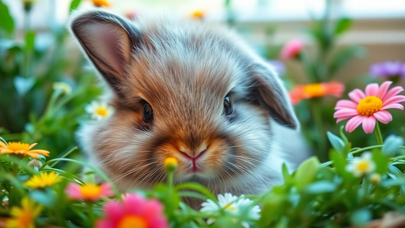 Cute bunny in a cozy, colorful garden setting.