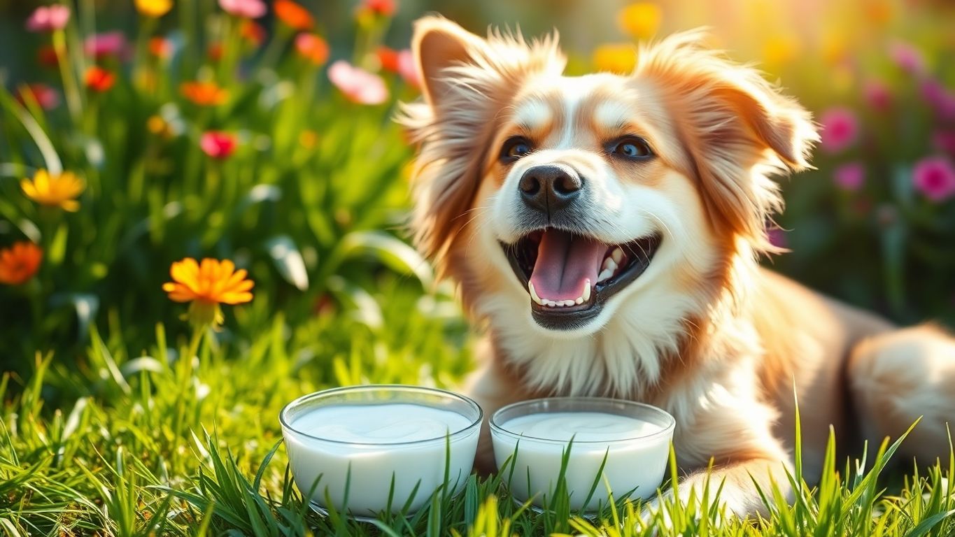 A dog happily eating yogurt in a sunny garden.