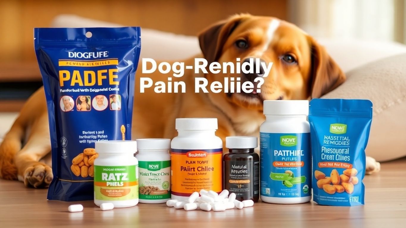 Colorful dog pain relief products beside a relaxed dog.