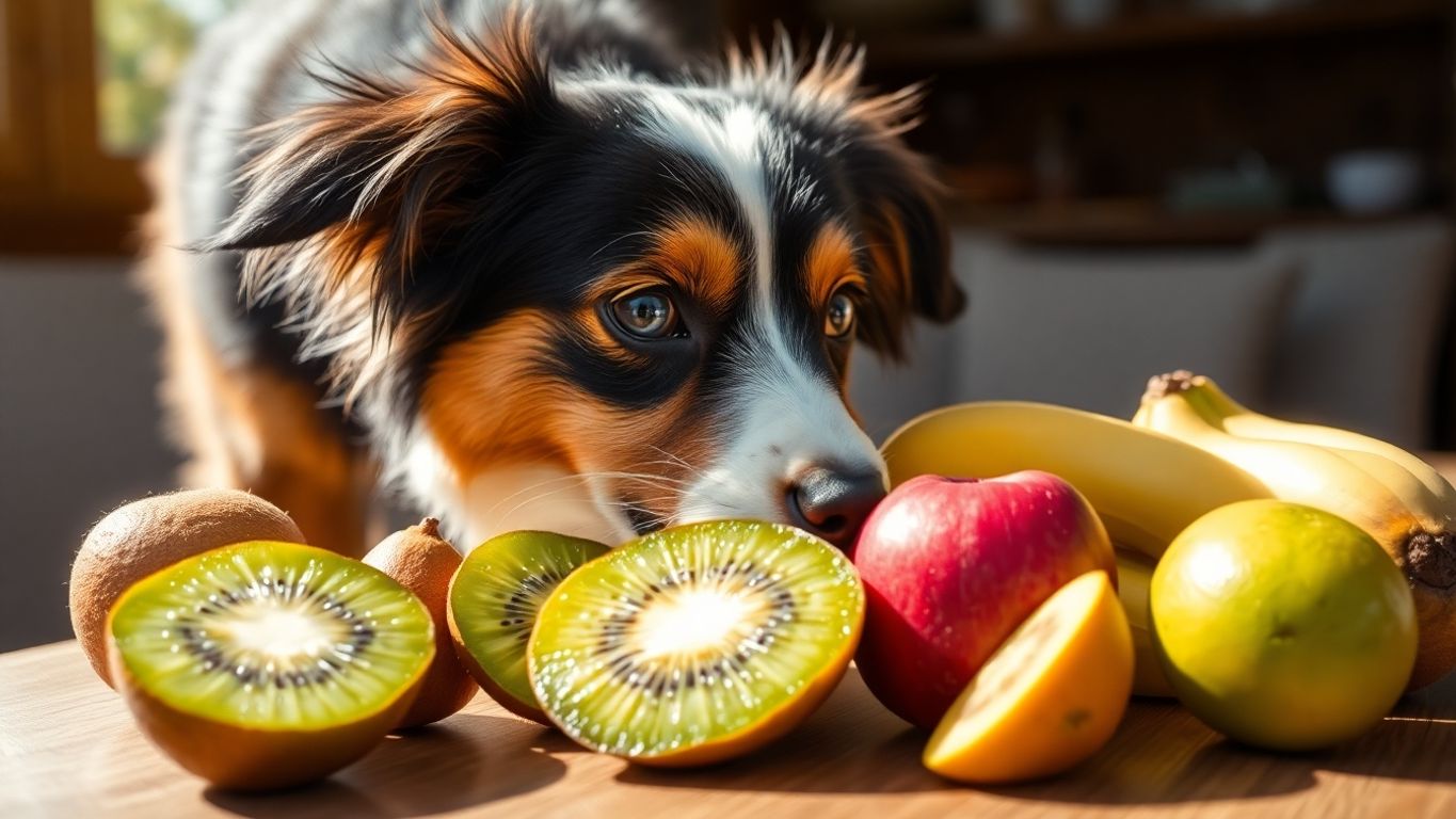 A dog curiously sniffing a sliced kiwi fruit.