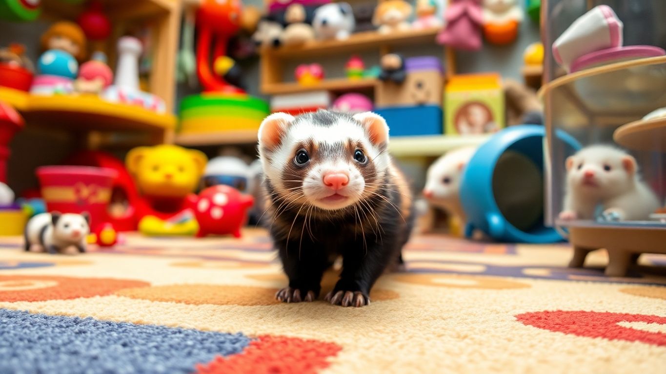 A playful ferret in a pet store setting.
