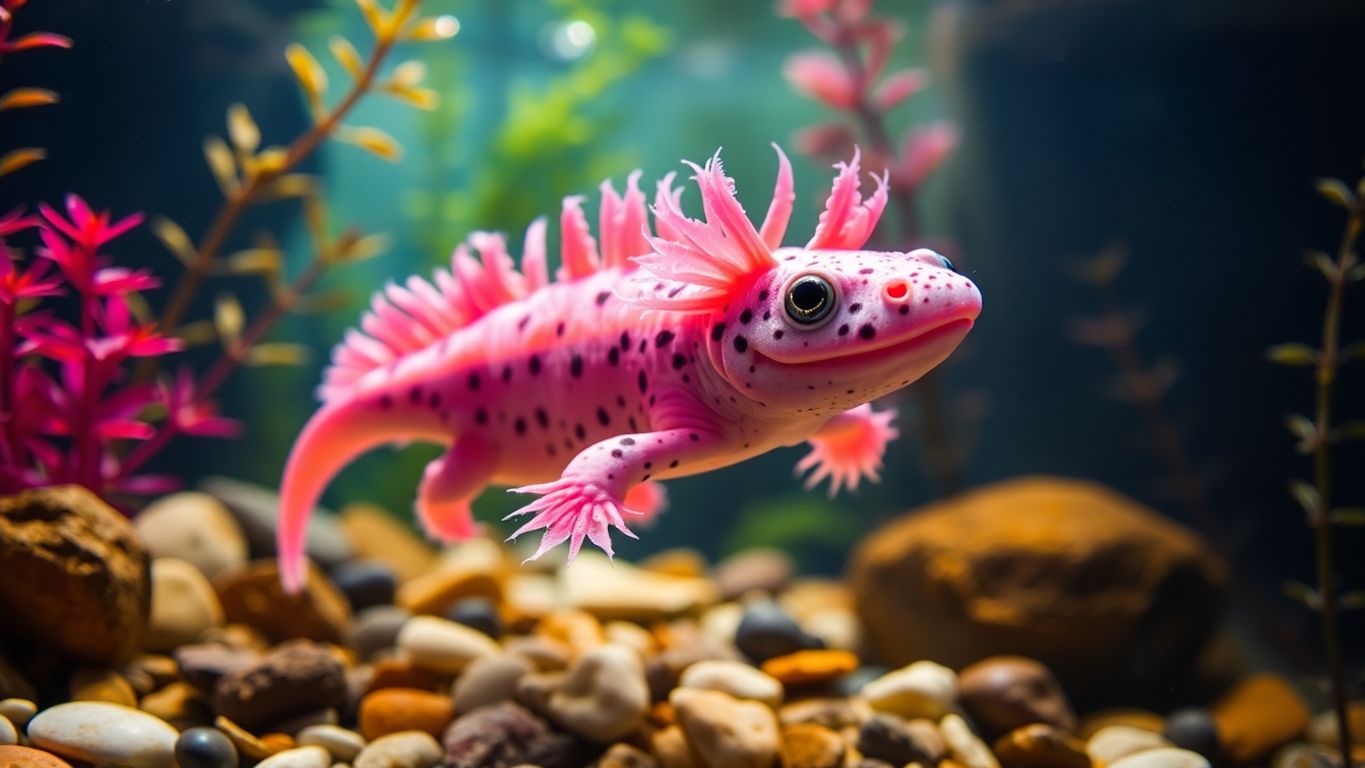 Vibrant axolotl swimming in a planted aquarium.