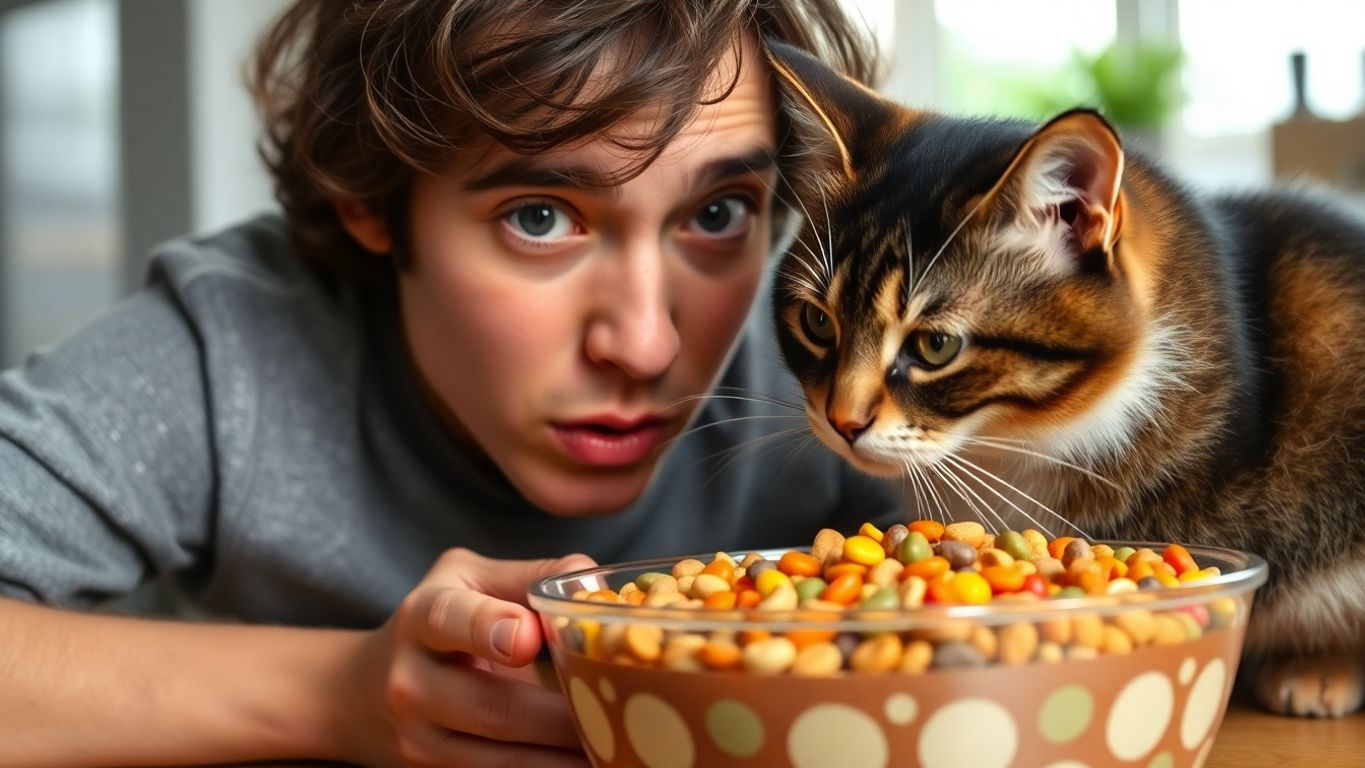 Human looking at a bowl of cat food curiously.