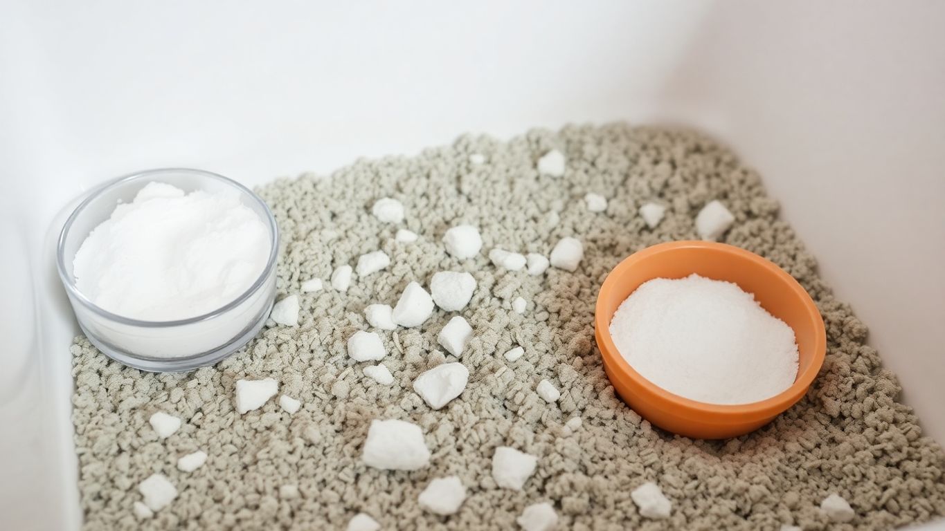 Cat litter box with baking soda on the side.