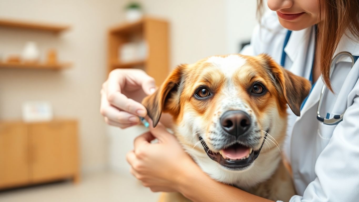 Dog getting rabies vaccine from a veterinarian.