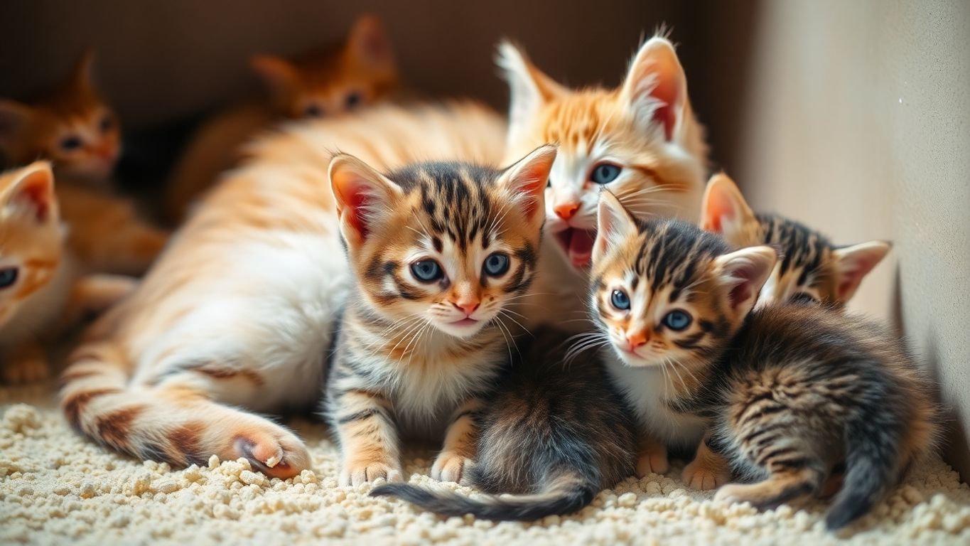 A mother cat with her playful kittens in a cozy setting.