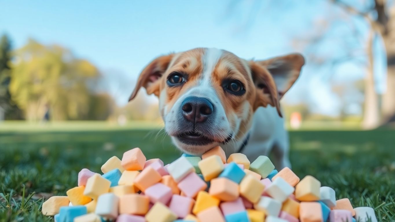 Curious dog sniffing a pile of colorful marshmallows.