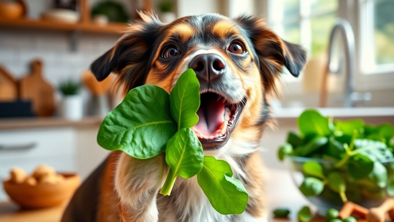 Dog with fresh spinach in a bright kitchen.