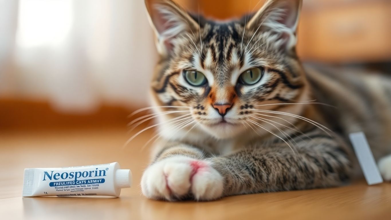 Cat with paw injury and Neosporin tube beside it.