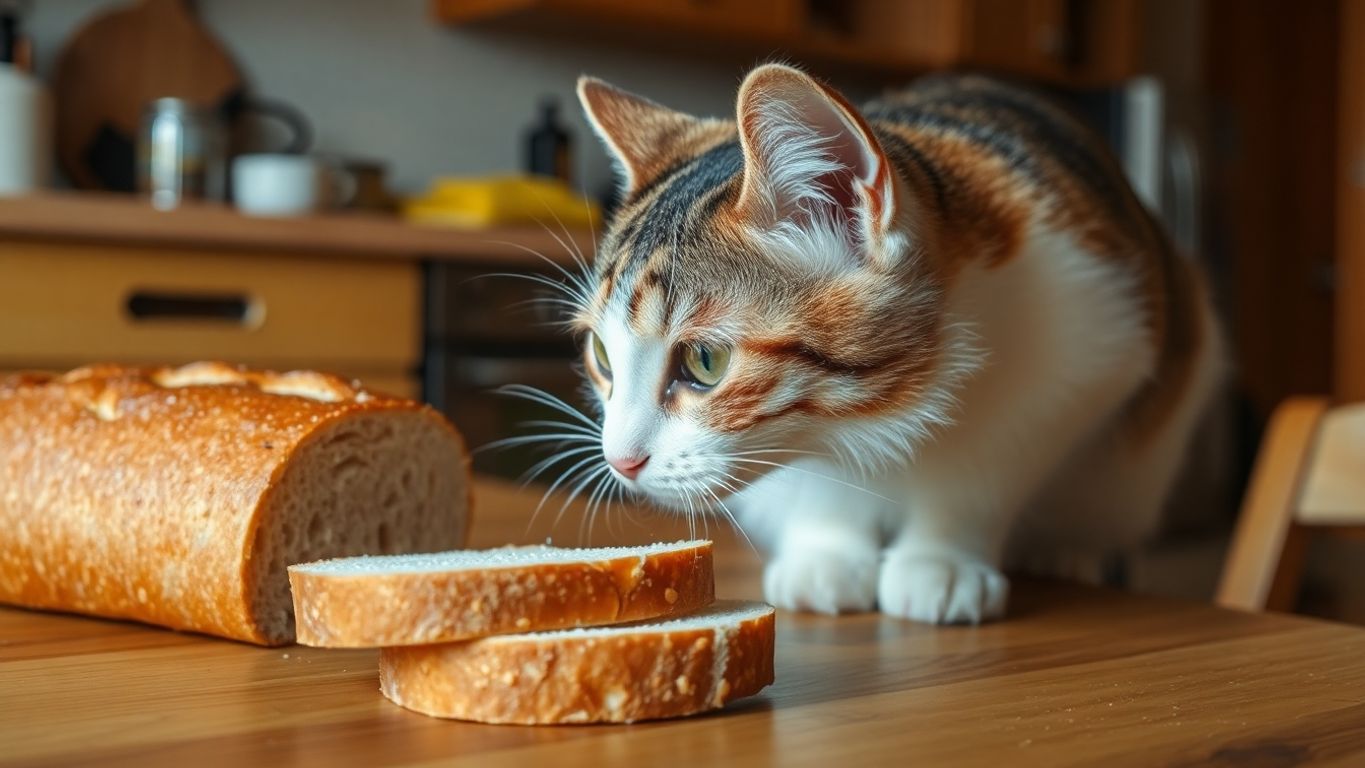 Cat looking at a slice of bread on a table.