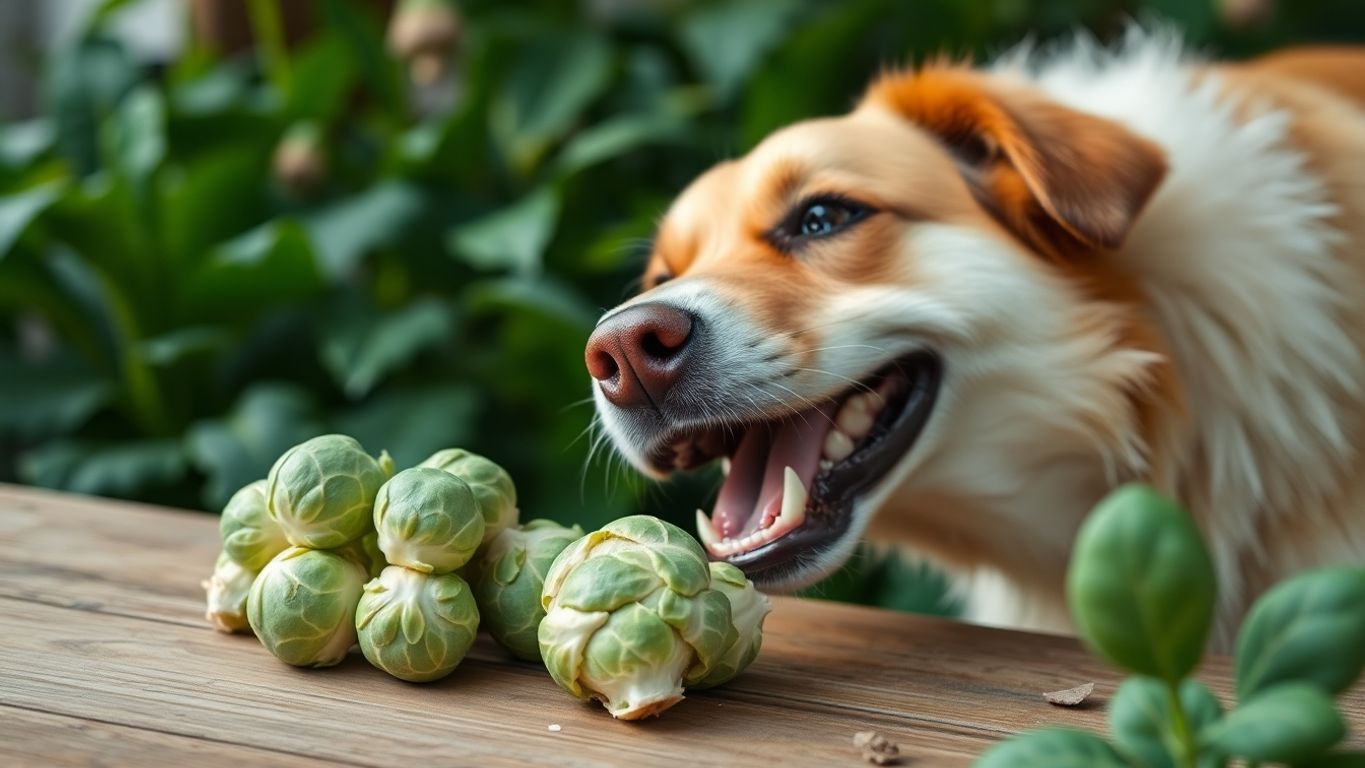 Dog sniffing Brussels sprouts on a wooden table.