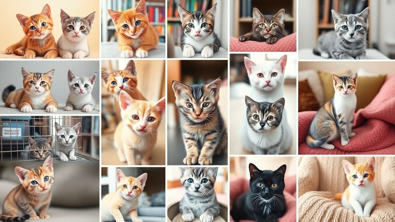 A collage of playful cats in different settings.