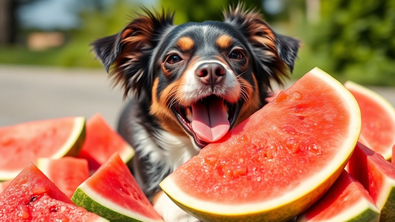 Dog happily eating a slice of watermelon outdoors.