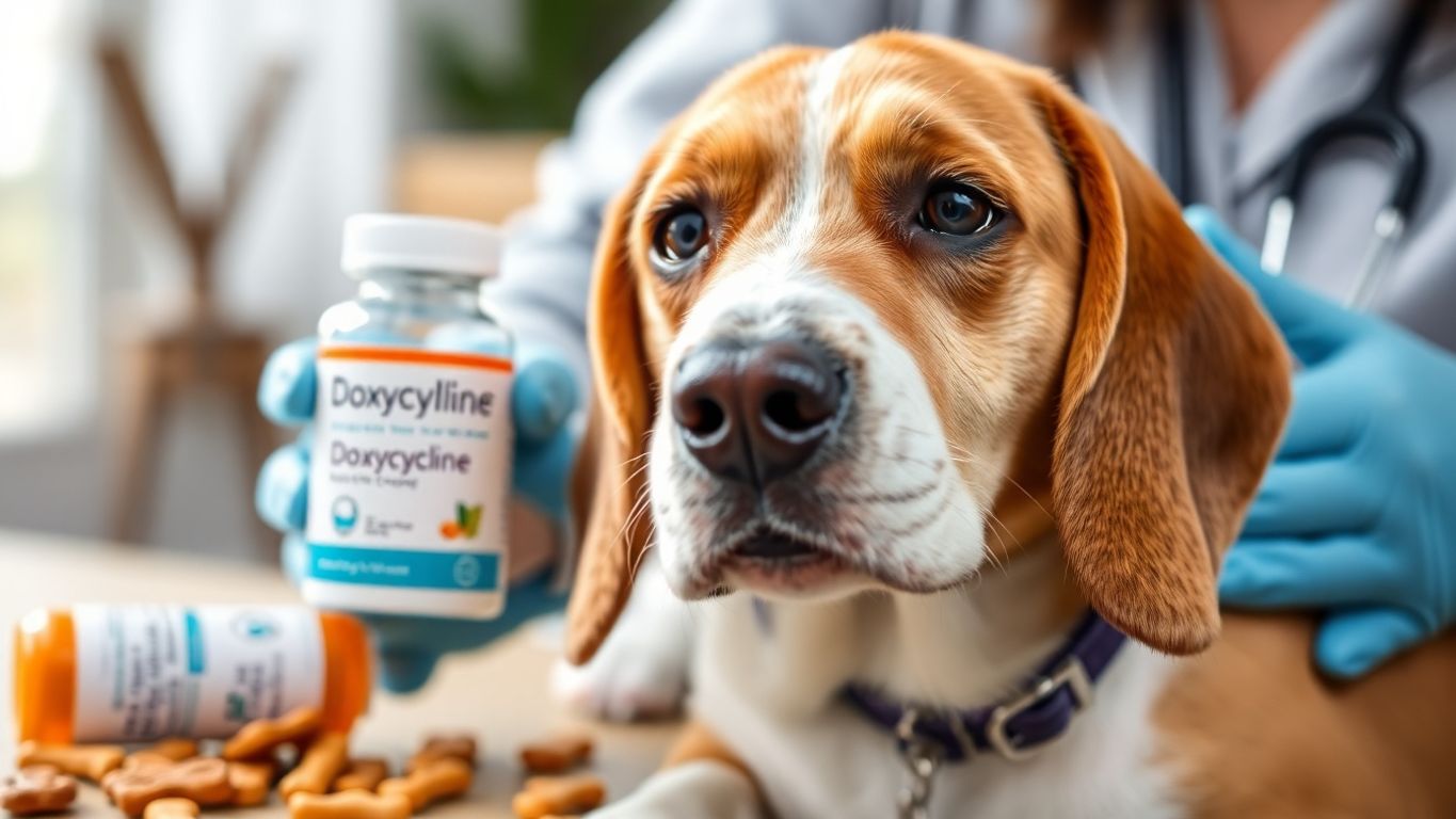 Beagle dog receiving medication from a veterinarian.
