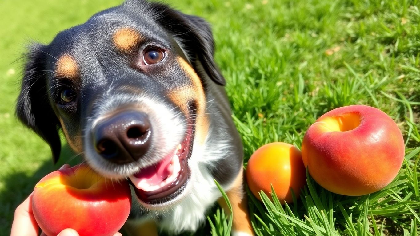 Dog playing with a peach in a sunny garden.