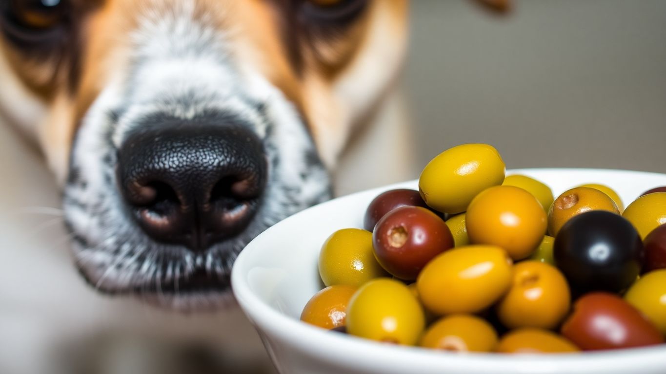 Dog looking at a bowl of olives on a table.