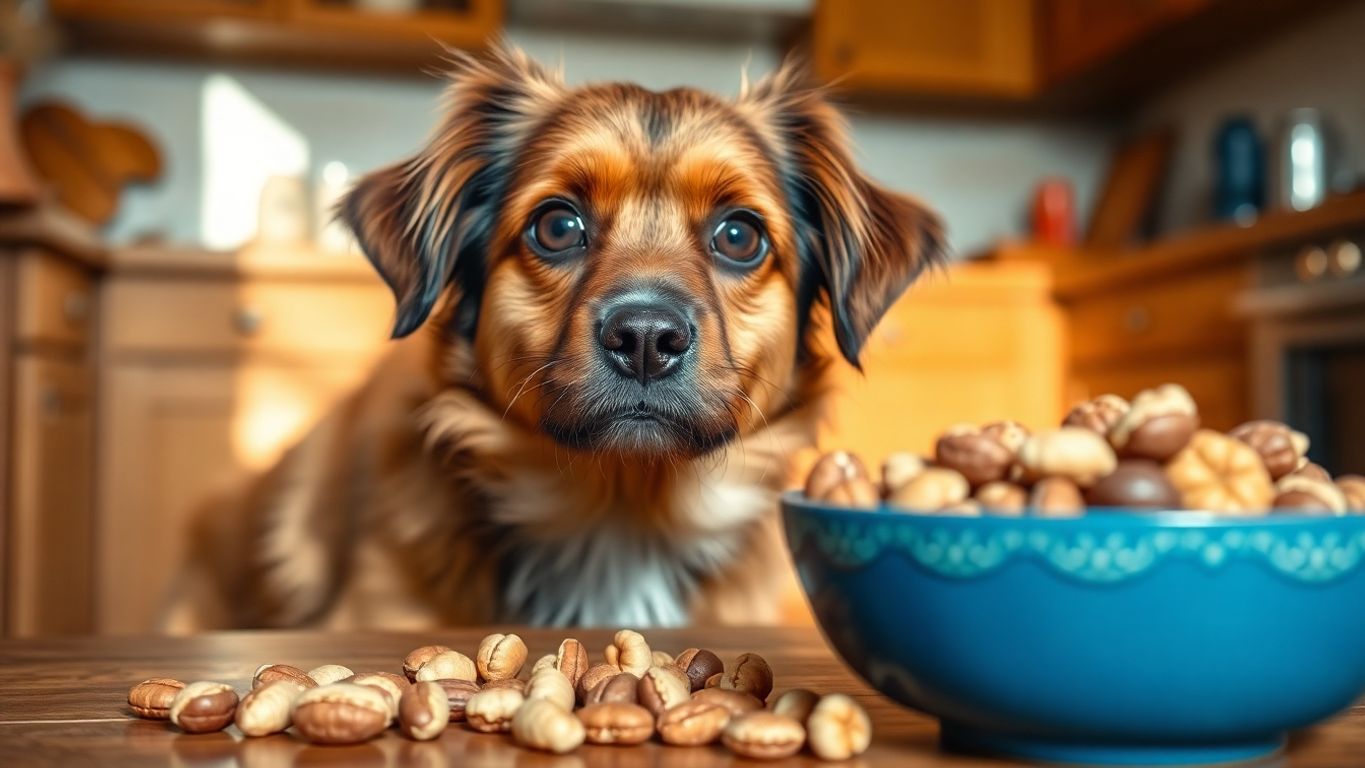 Dog looking at a bowl of mixed nuts.