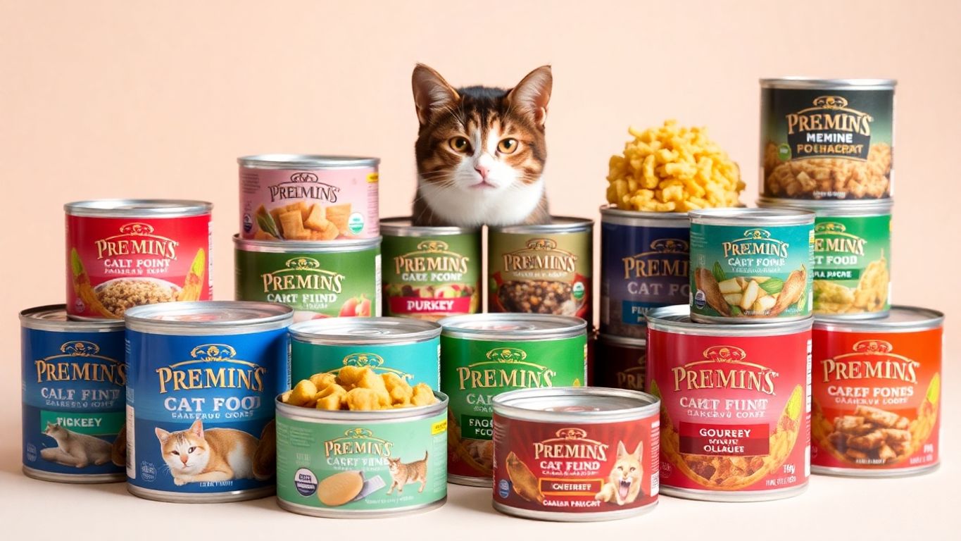 Variety of colorful canned cat food options on display.