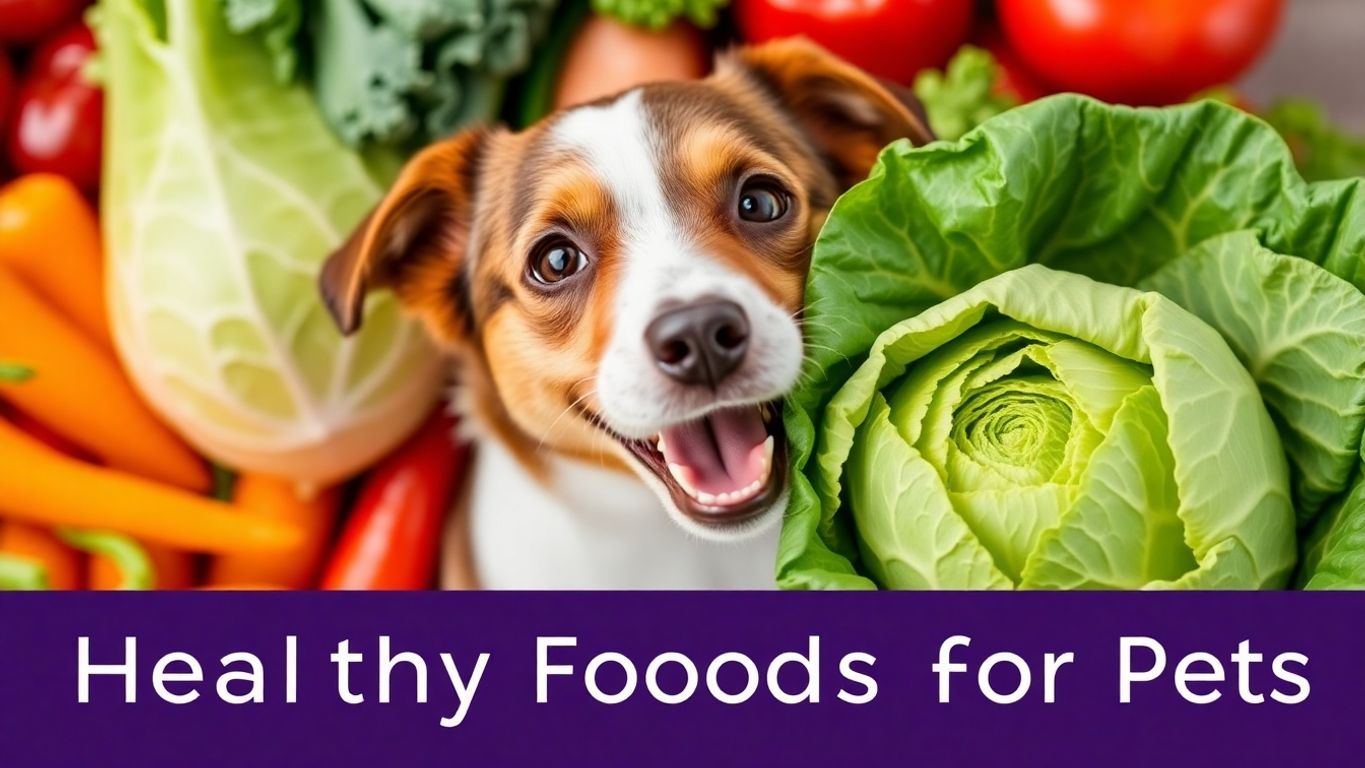 Dog sniffing cabbage amidst colorful vegetables.