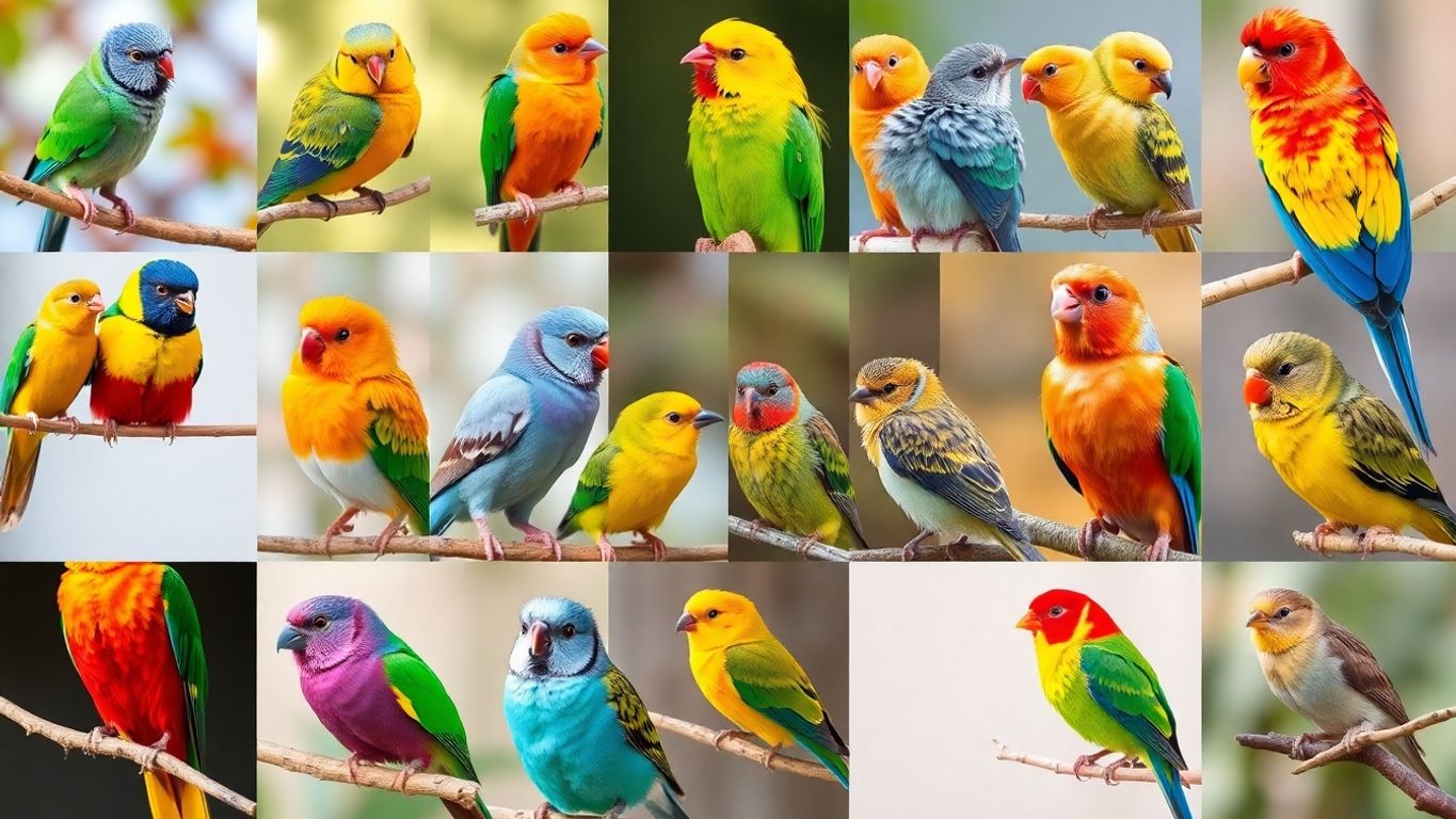 Colorful pet birds perched on branches, diverse species.